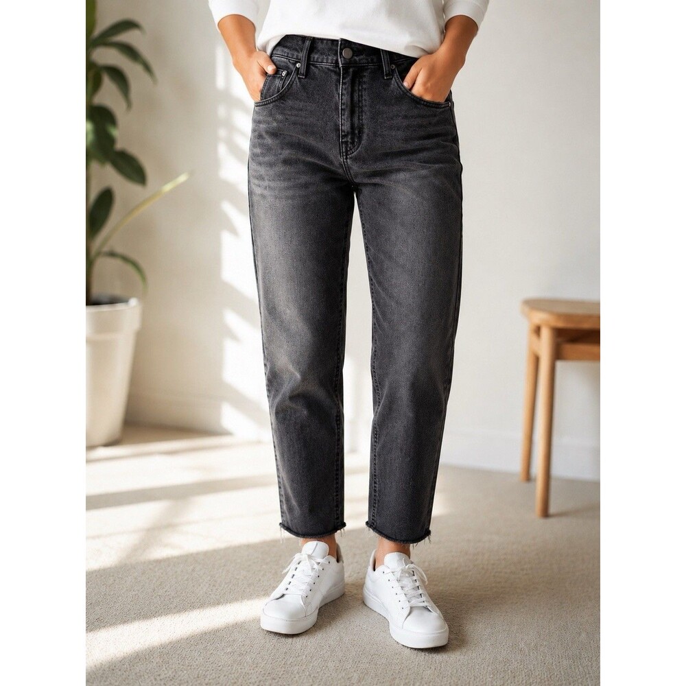 Hollister Ultra High Rise Mom Jeans Gray Wash Frayed Hem Ankle W27 L21 Stretch